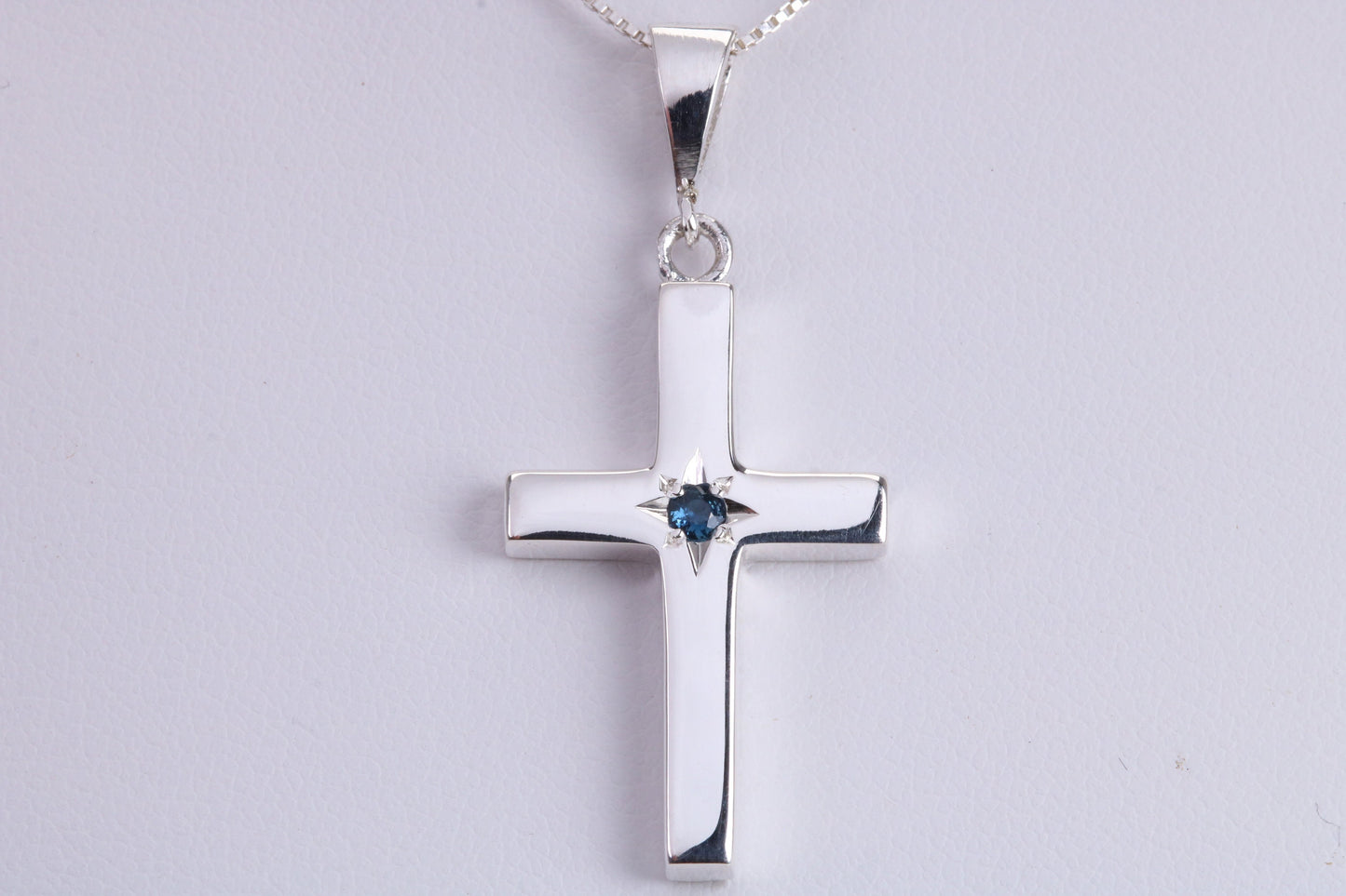 Chunky Real Blue Sapphire set Cross Necklace, Made From Solid Cast Silver, Complete With Chain