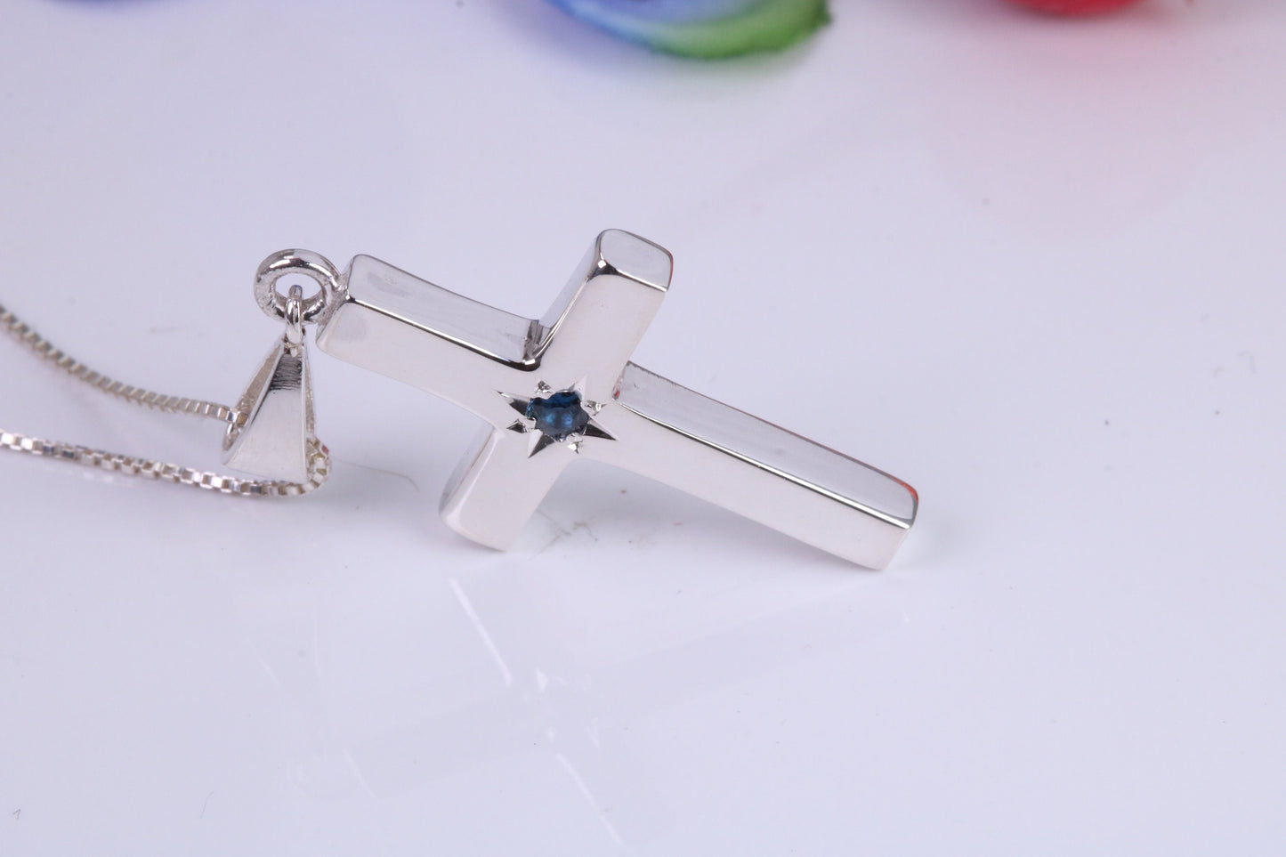 Chunky Real Blue Sapphire set Cross Necklace, Made From Solid Cast Silver, Complete With Chain