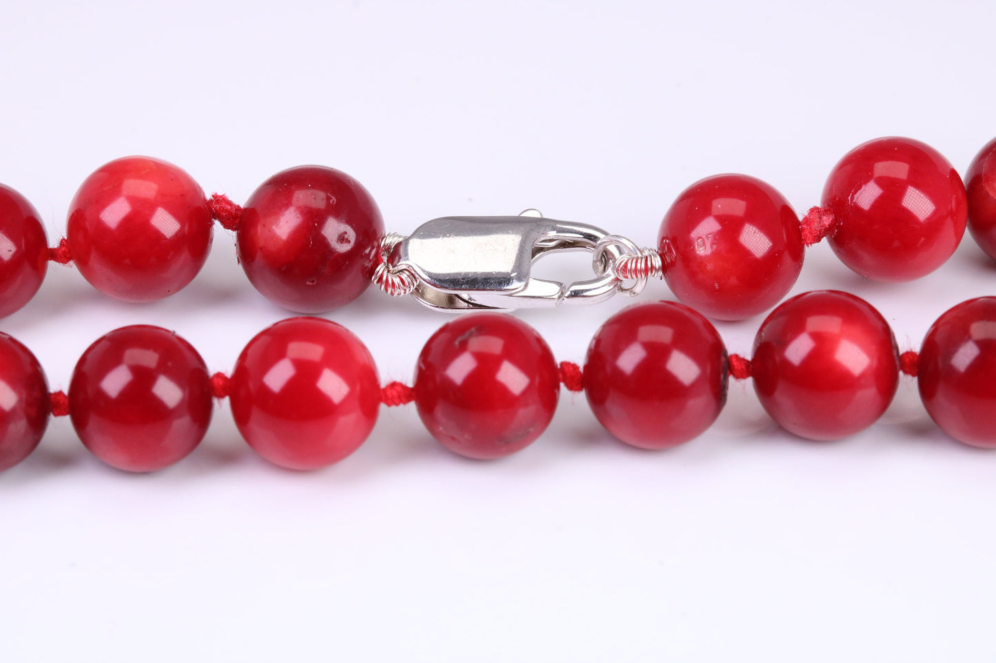 Natural 10 mm Round Red Coral Necklace with Solid Silver Lobster Claw Lock