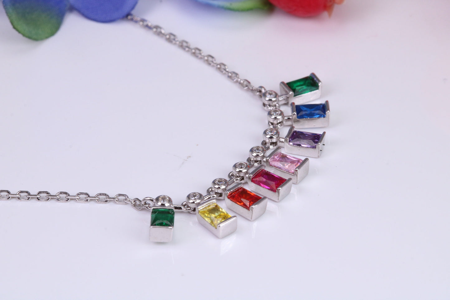 Rainbow Multi Coloured Cubic Zirconia set Necklace, made from solid Sterling Silver
