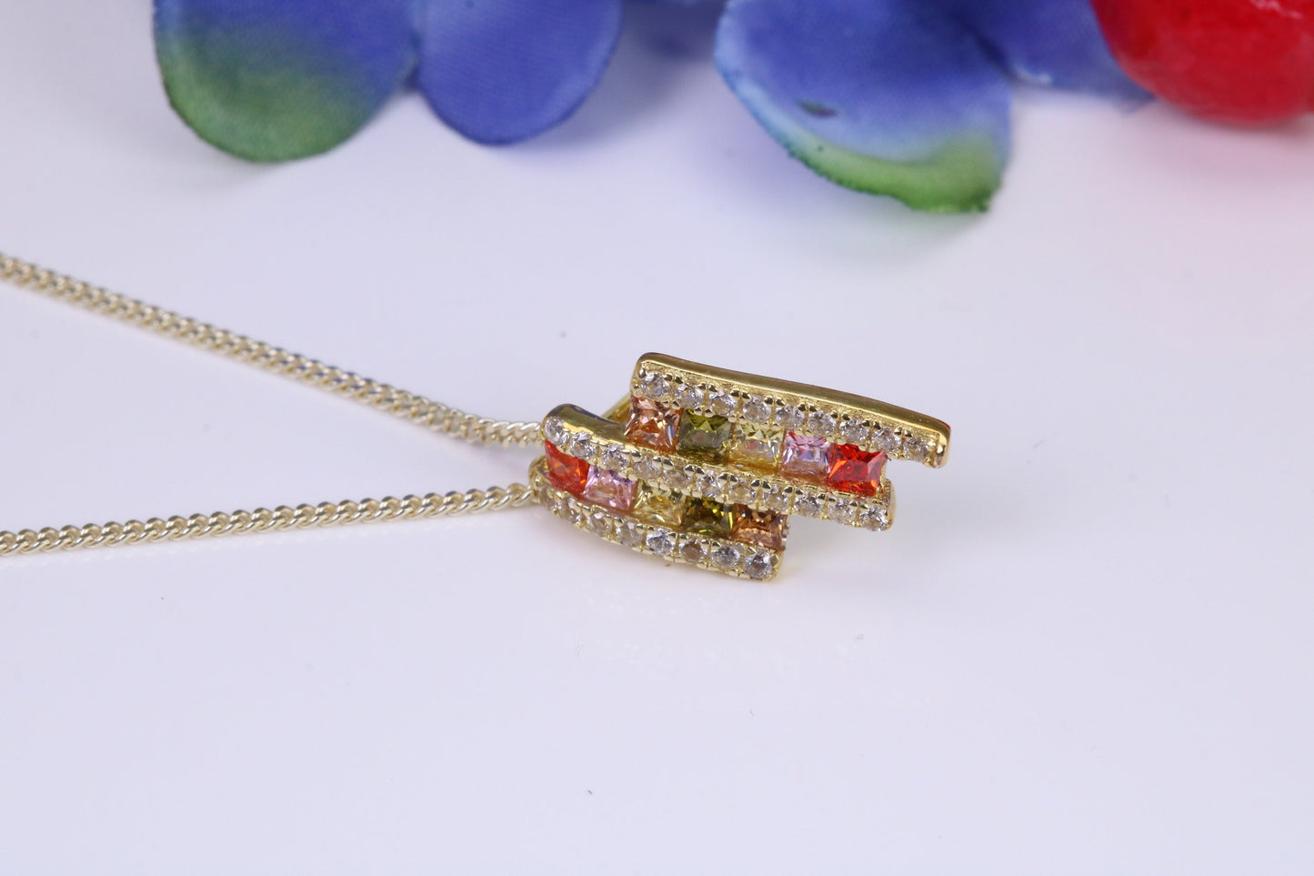 Rainbow Cubic Zirconia set Necklace, made from solid Sterling Silver, 18ct Yellow Gold Plated
