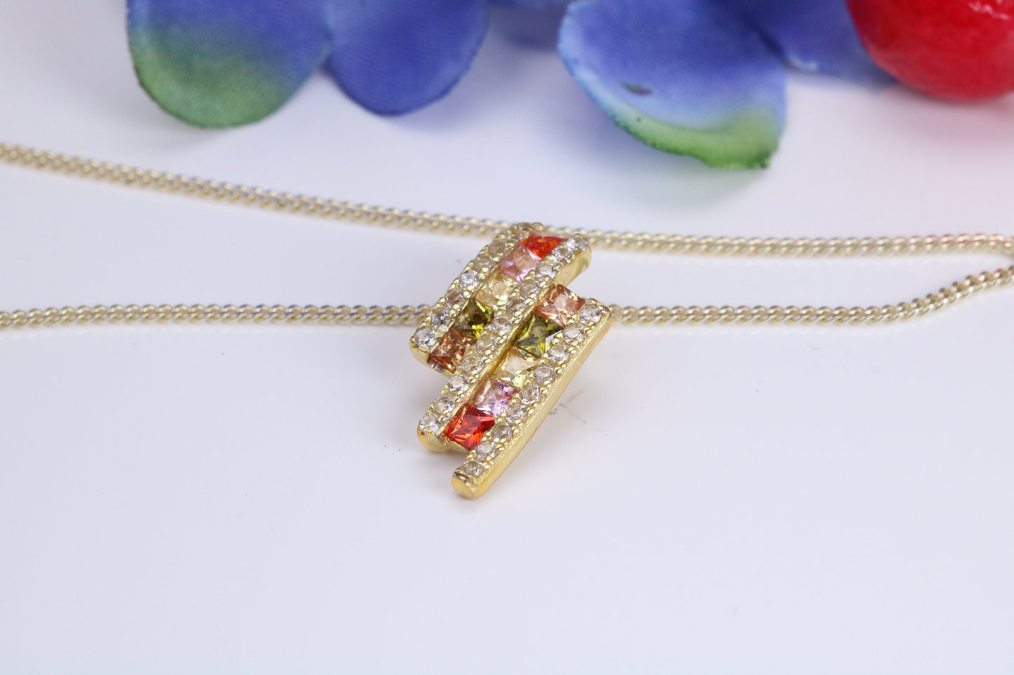Rainbow Cubic Zirconia set Necklace, made from solid Sterling Silver, 18ct Yellow Gold Plated