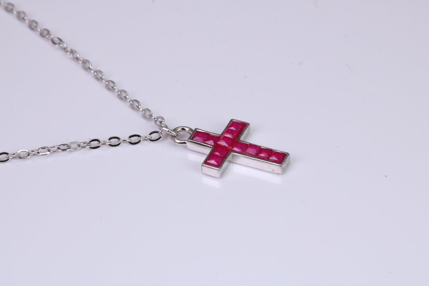Red C Z set Cross Necklace, Made From Solid Cast Silver, Complete With Chain