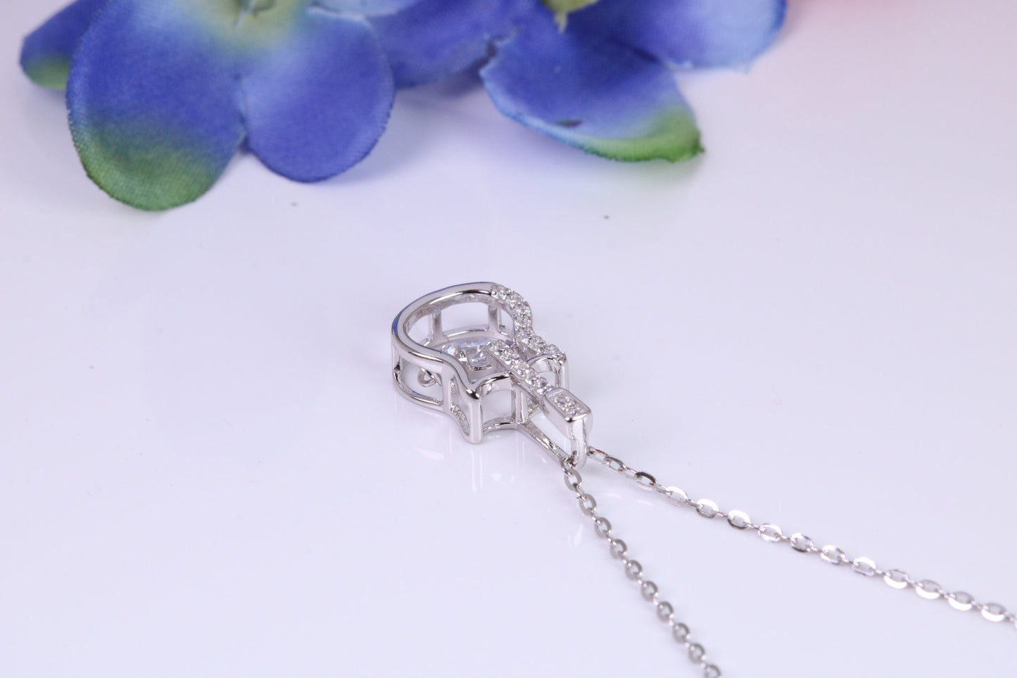 Guitar Necklace, C Z set, Made From Solid Silver, Length Adjustable Chain