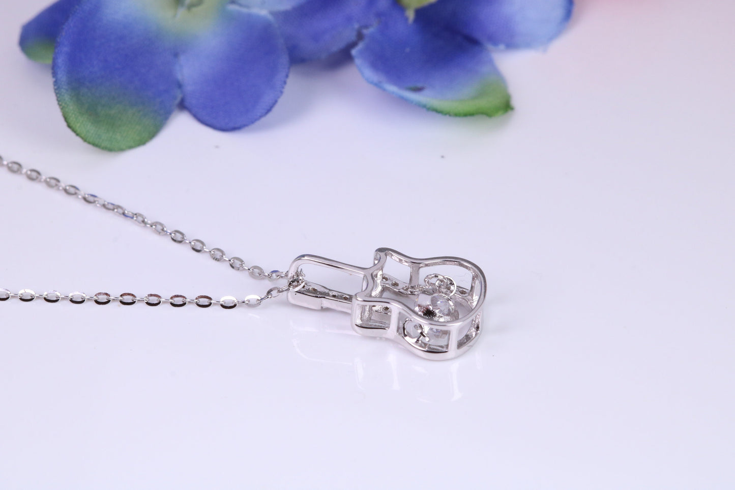 Guitar Necklace, C Z set, Made From Solid Silver, Length Adjustable Chain