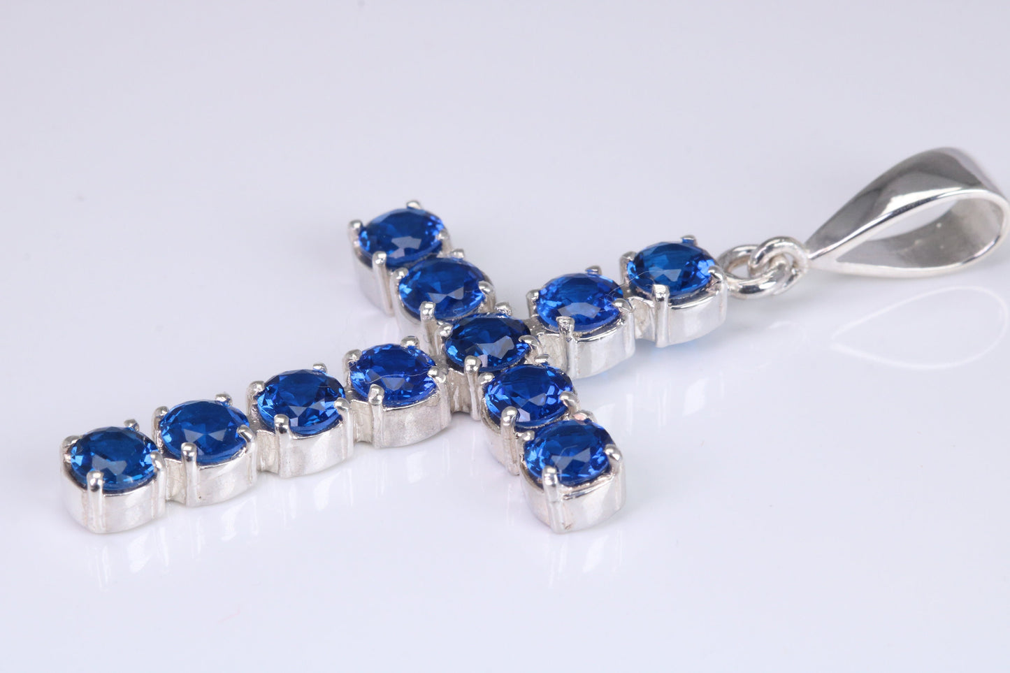 Blue Sapphire C Z set 60 mm Long Cross, Made From Solid Cast Silver