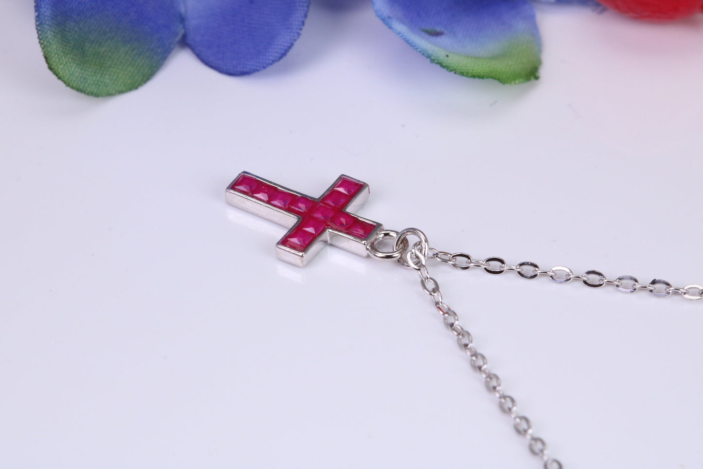 Red C Z set Cross Necklace, Made From Solid Cast Silver, Complete With Chain