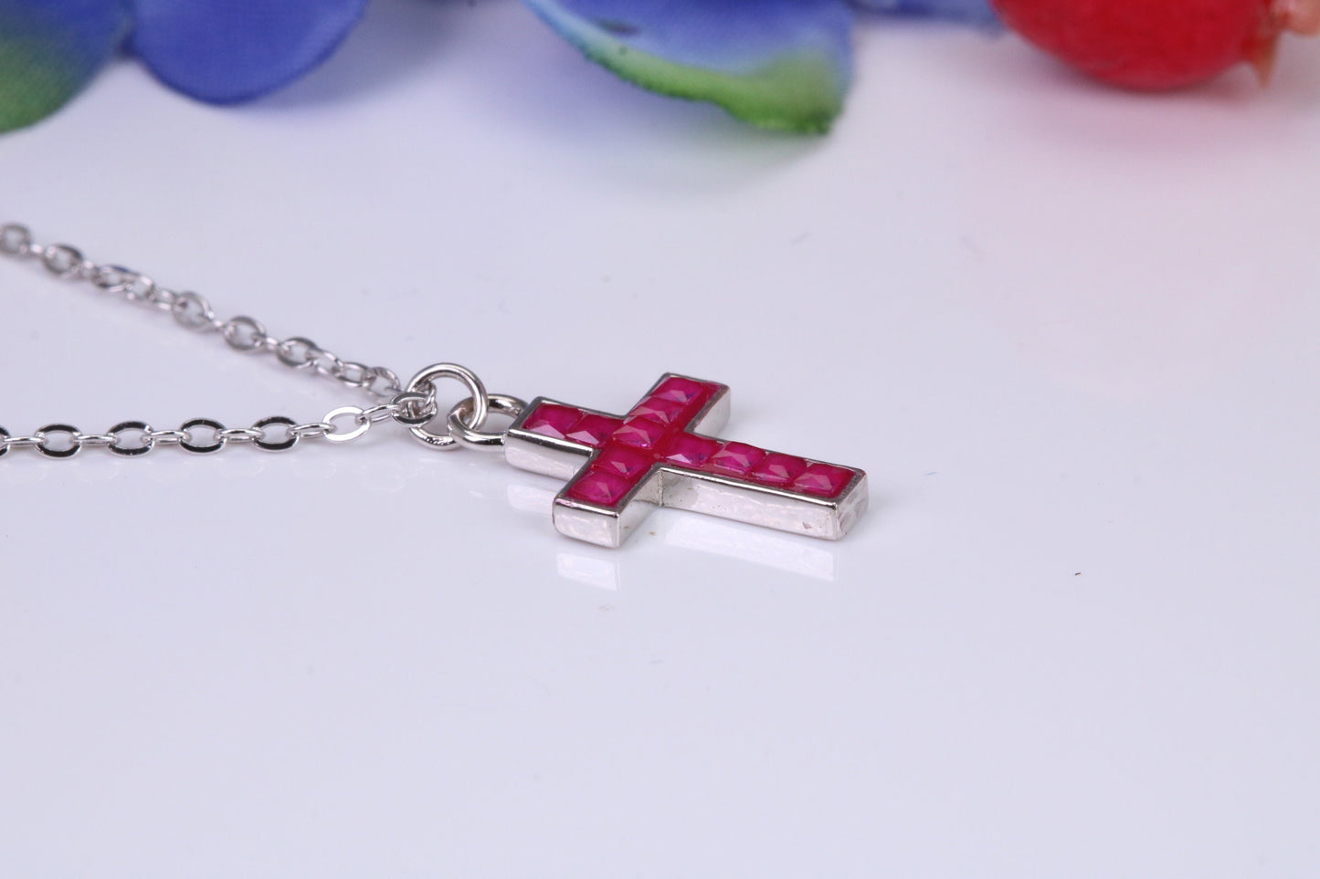 Red C Z set Cross Necklace, Made From Solid Cast Silver, Complete With Chain