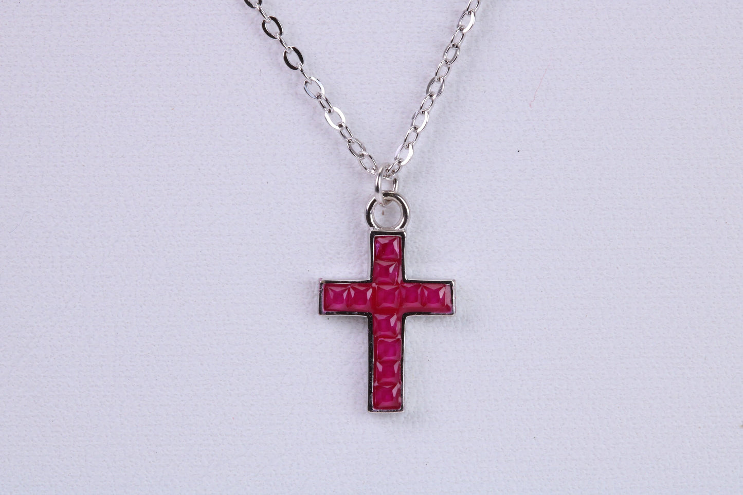Red C Z set Cross Necklace, Made From Solid Cast Silver, Complete With Chain