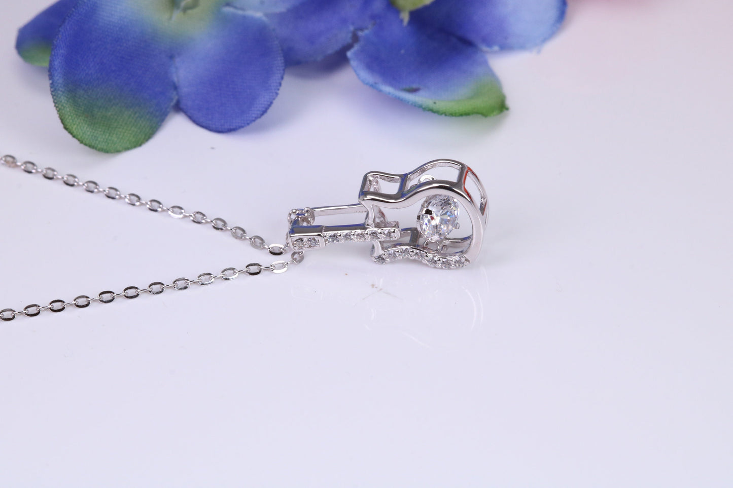 Guitar Necklace, C Z set, Made From Solid Silver, Length Adjustable Chain