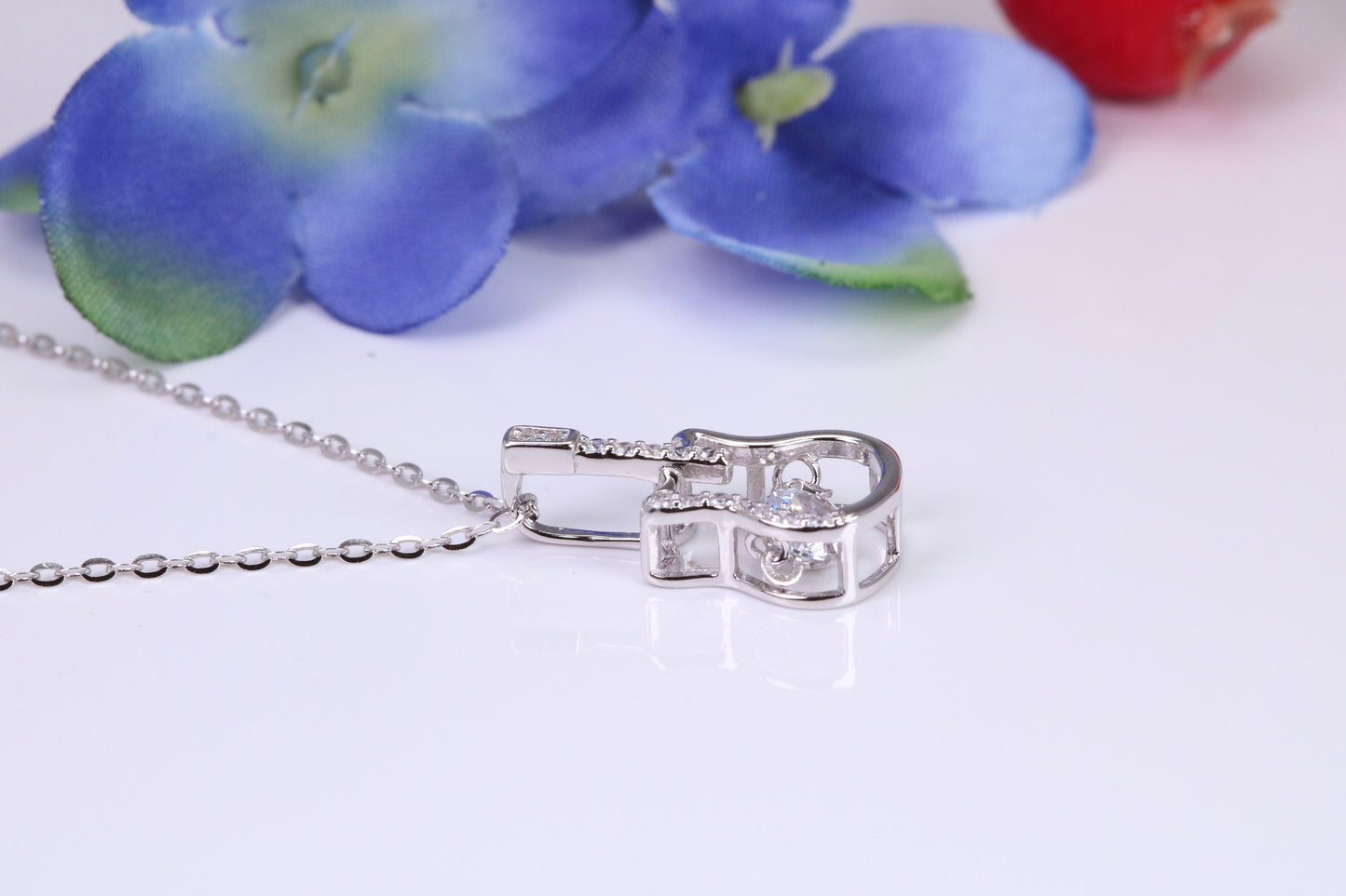 Guitar Necklace, C Z set, Made From Solid Silver, Length Adjustable Chain
