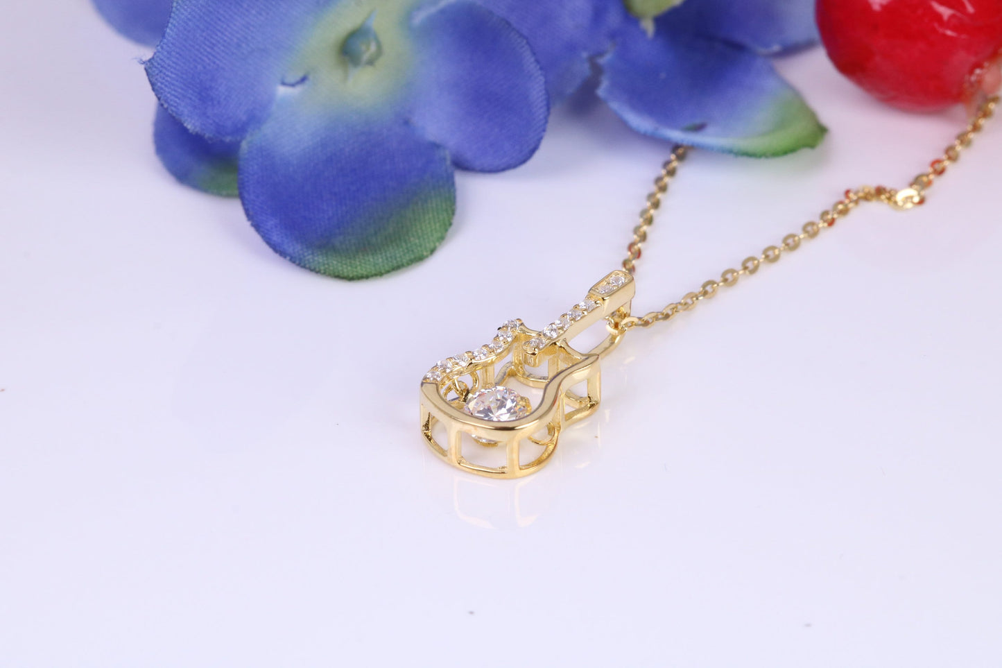 Guitar Necklace, C Z set, Made From Solid Silver, 18ct Yellow Gold Plated, Length Adjustable Chain