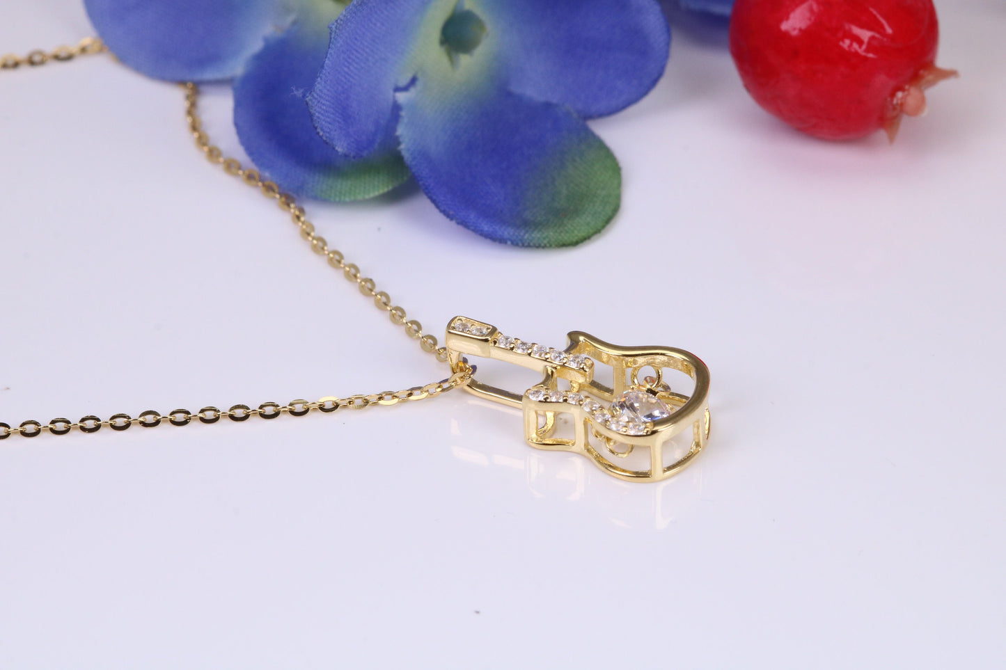 Guitar Necklace, C Z set, Made From Solid Silver, 18ct Yellow Gold Plated, Length Adjustable Chain