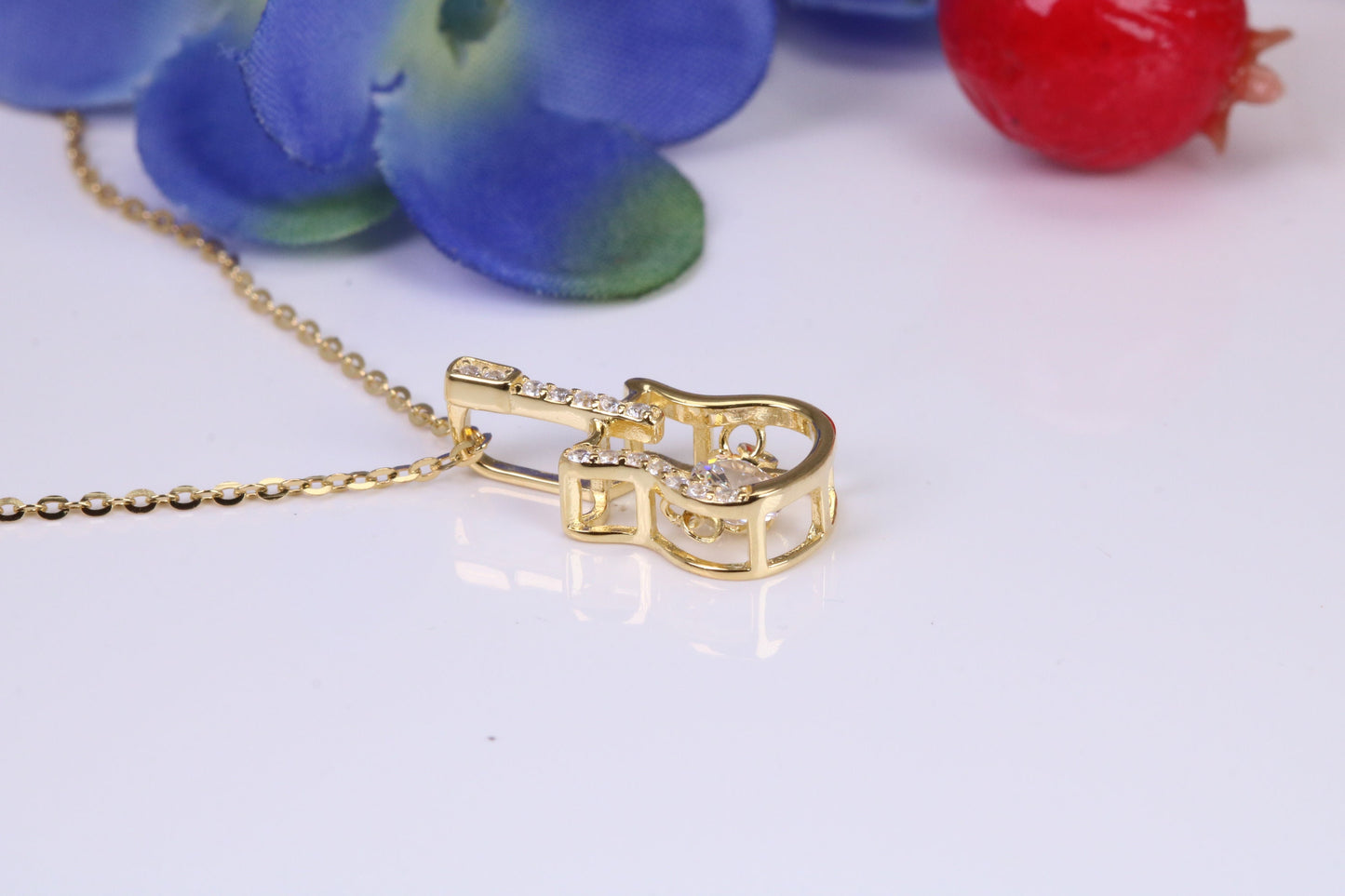 Guitar Necklace, C Z set, Made From Solid Silver, 18ct Yellow Gold Plated, Length Adjustable Chain