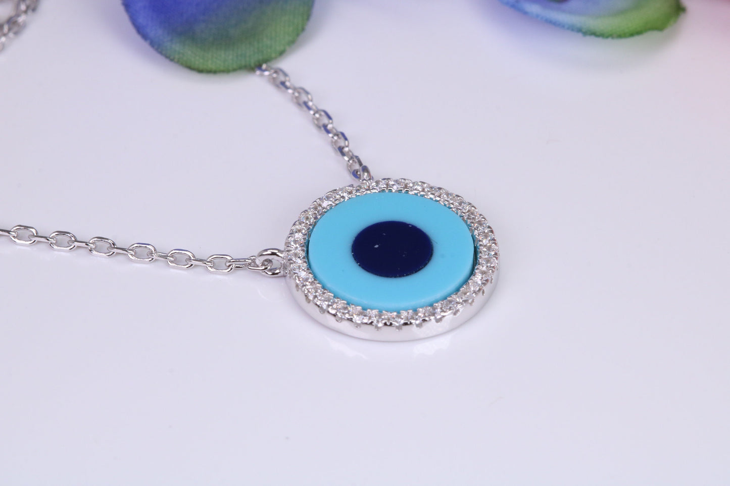 Evil Eye Protector Cubic Zirconia set Necklace, made from solid Sterling Silver