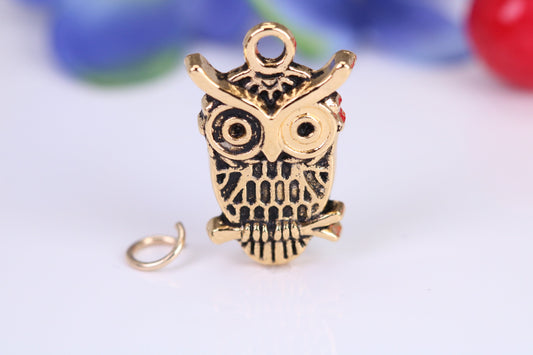 Owl Charm, Traditional Charm, Made from Solid Cast Yellow Gold, British Hallmarked