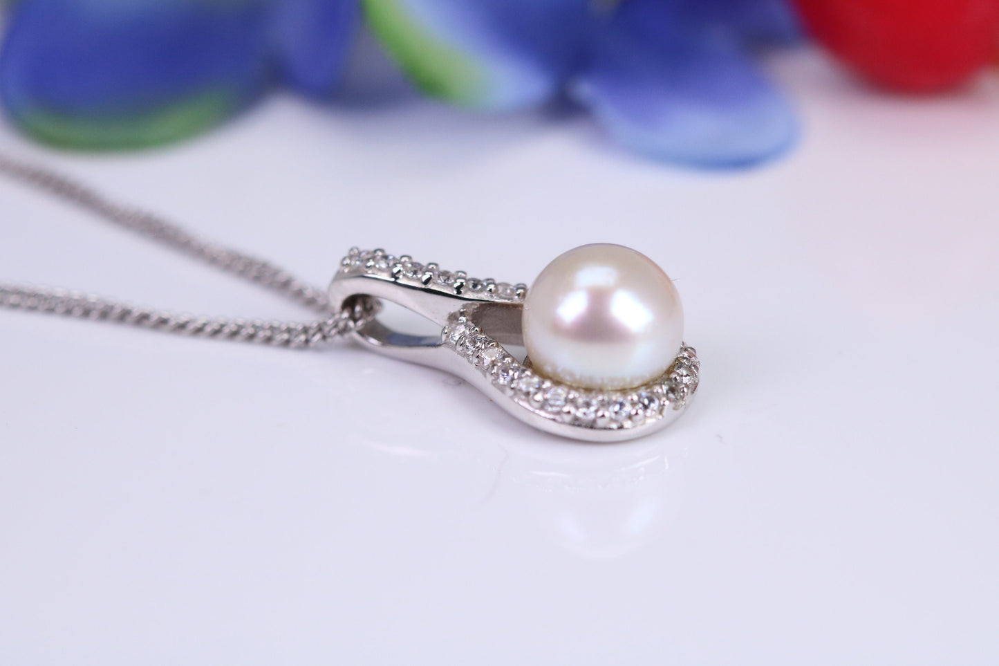 Natural Pearl and Cubic Zirconia set Necklace set in Solid Silver