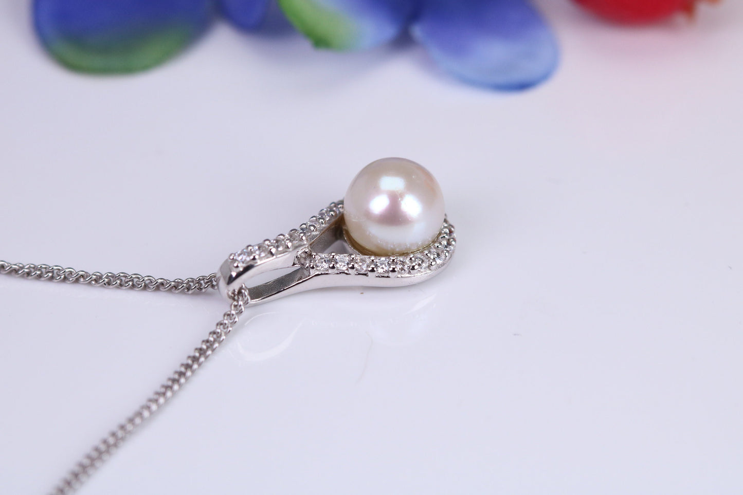 Natural Pearl and Cubic Zirconia set Necklace set in Solid Silver