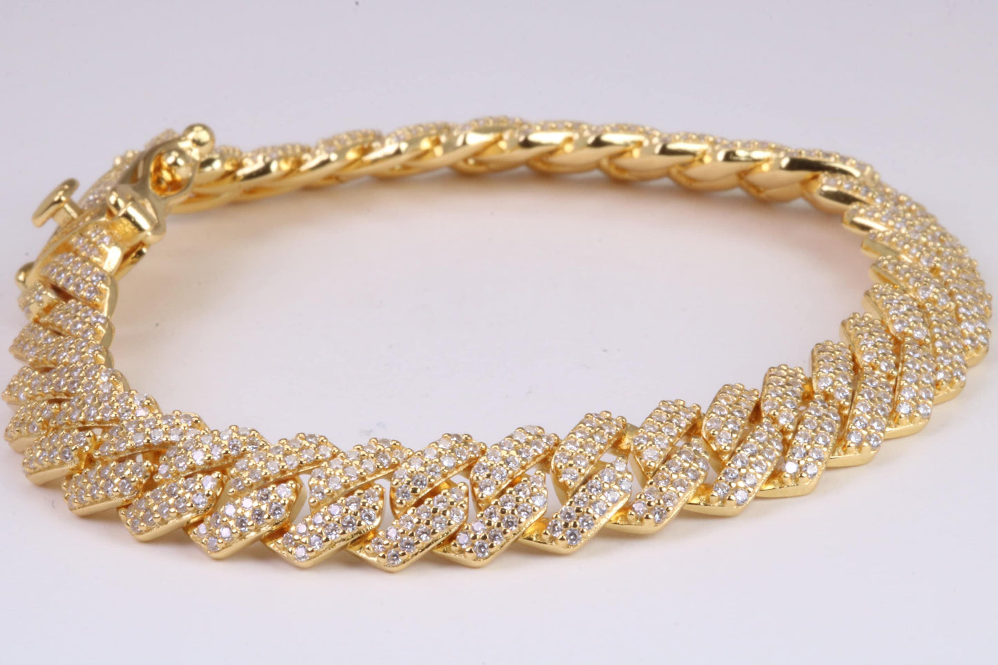 Gents Heavy Curb Link Bracelet, Made from solid Sterling Silver, 8.50 Inches Long and 9 mm Wide, British Hallmarked, 18ct Gold Plated
