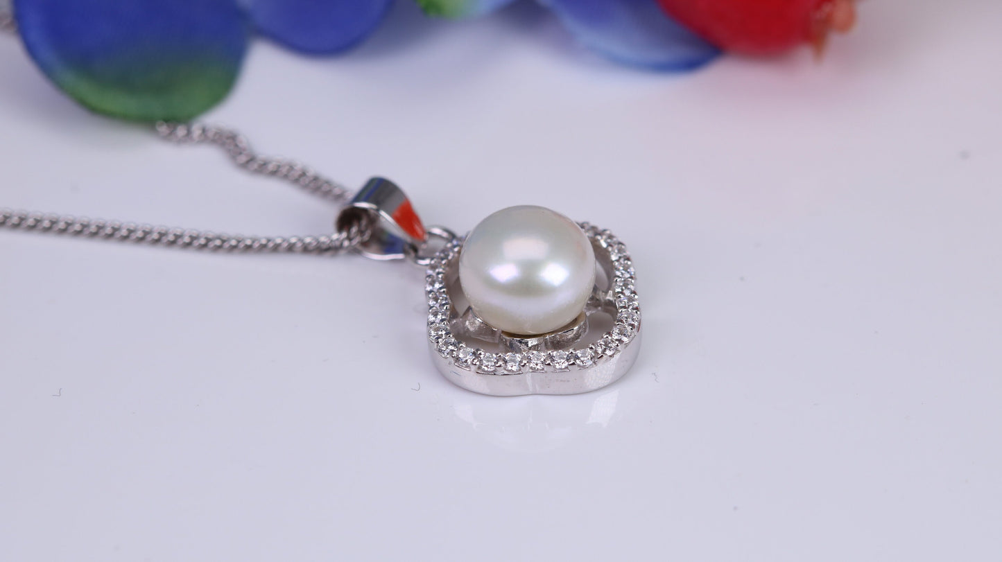 Natural Pearl and Cubic Zirconia set Necklace set in Solid Silver