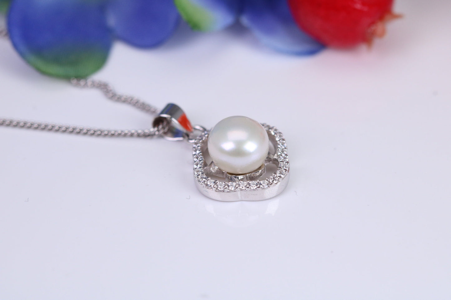 Natural Pearl and Cubic Zirconia set Necklace set in Solid Silver