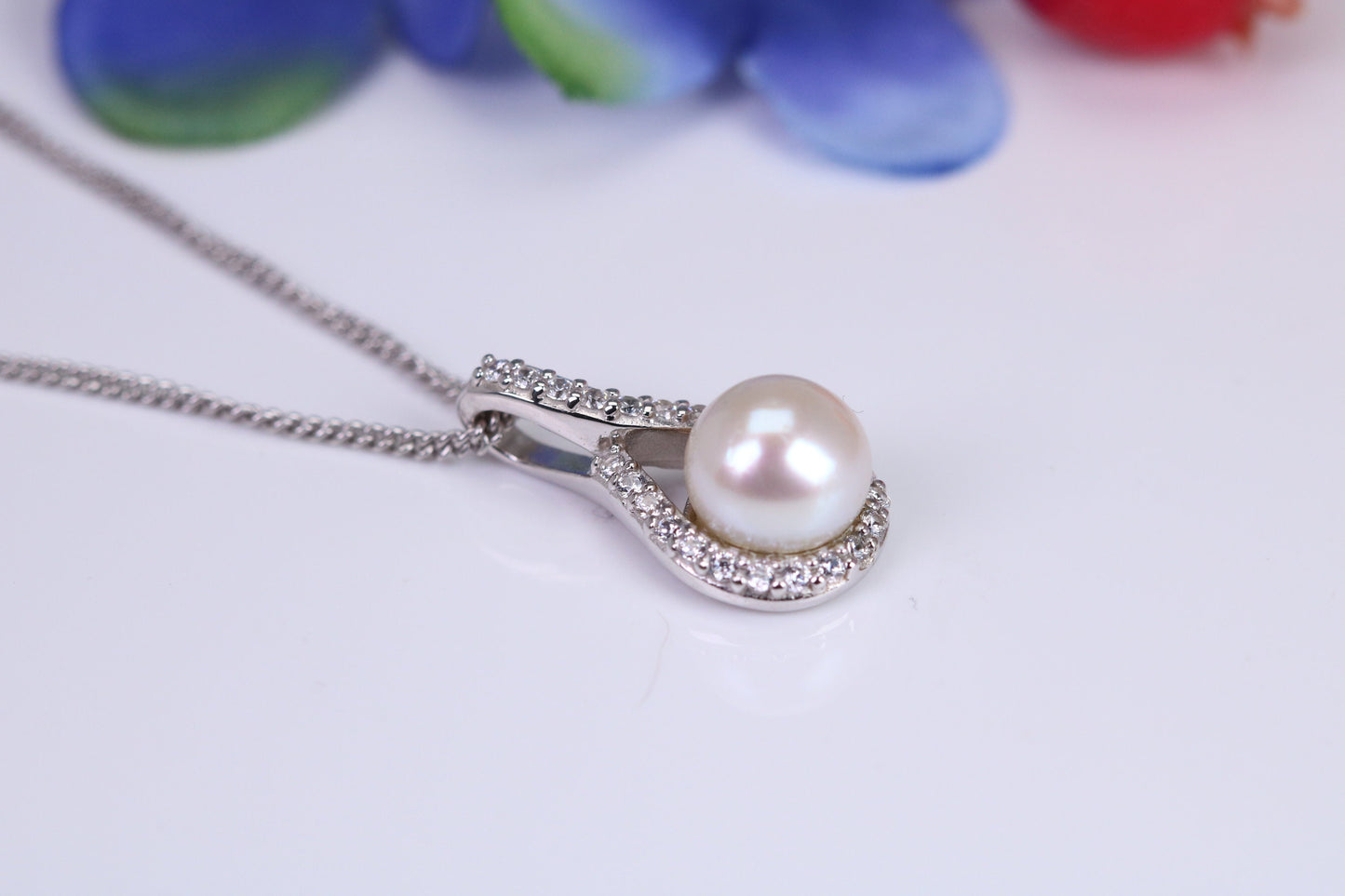 Natural Pearl and Cubic Zirconia set Necklace set in Solid Silver