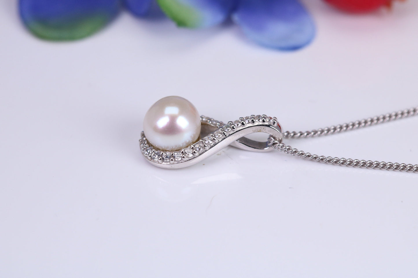 Natural Pearl and Cubic Zirconia set Necklace set in Solid Silver