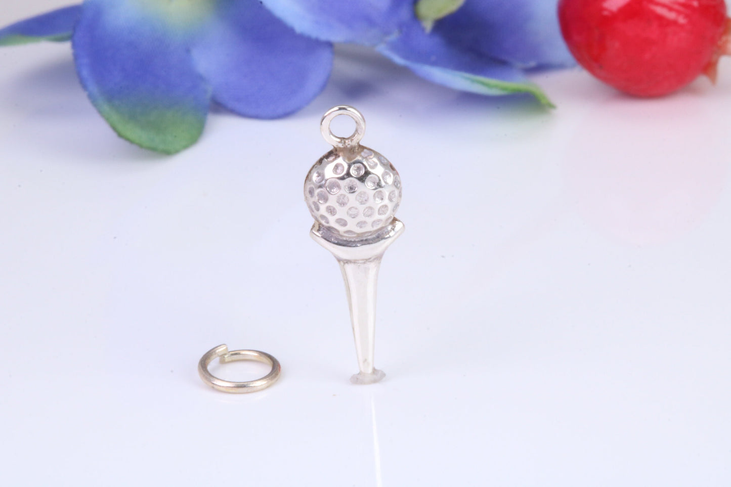 Golf Ball and Tee Charm, Traditional Charm, Made from Solid Cast 925 Grade Sterling Silver, Complete with Attachment Link