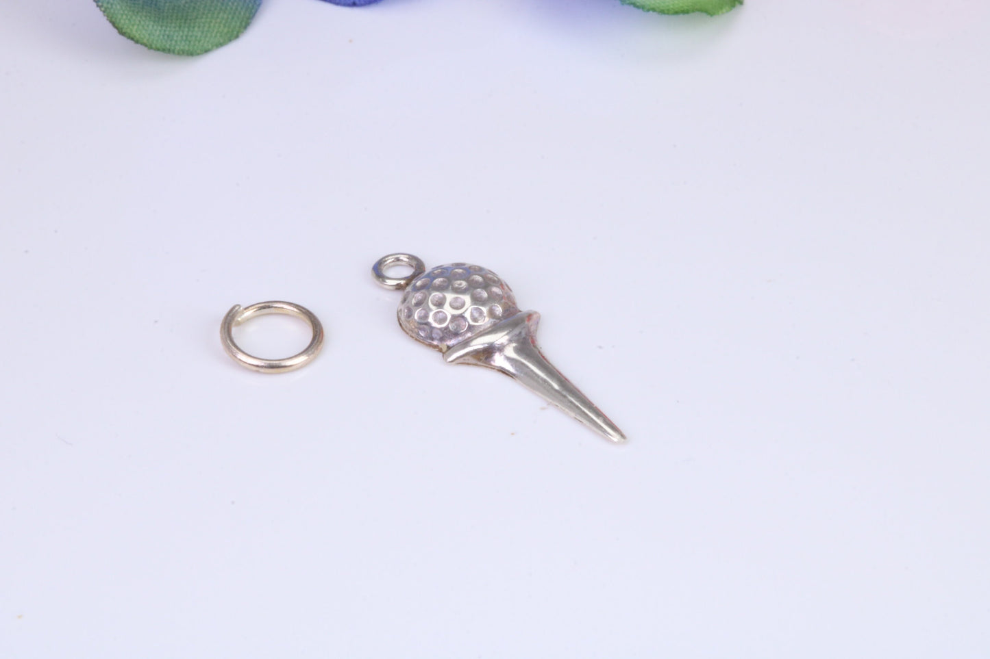 Golf Ball and Tee Charm, Traditional Charm, Made from Solid Cast 925 Grade Sterling Silver, Complete with Attachment Link