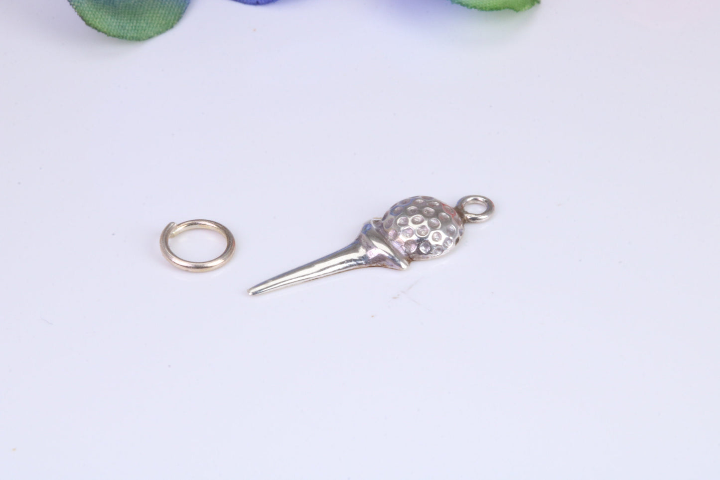 Golf Ball and Tee Charm, Traditional Charm, Made from Solid Cast 925 Grade Sterling Silver, Complete with Attachment Link