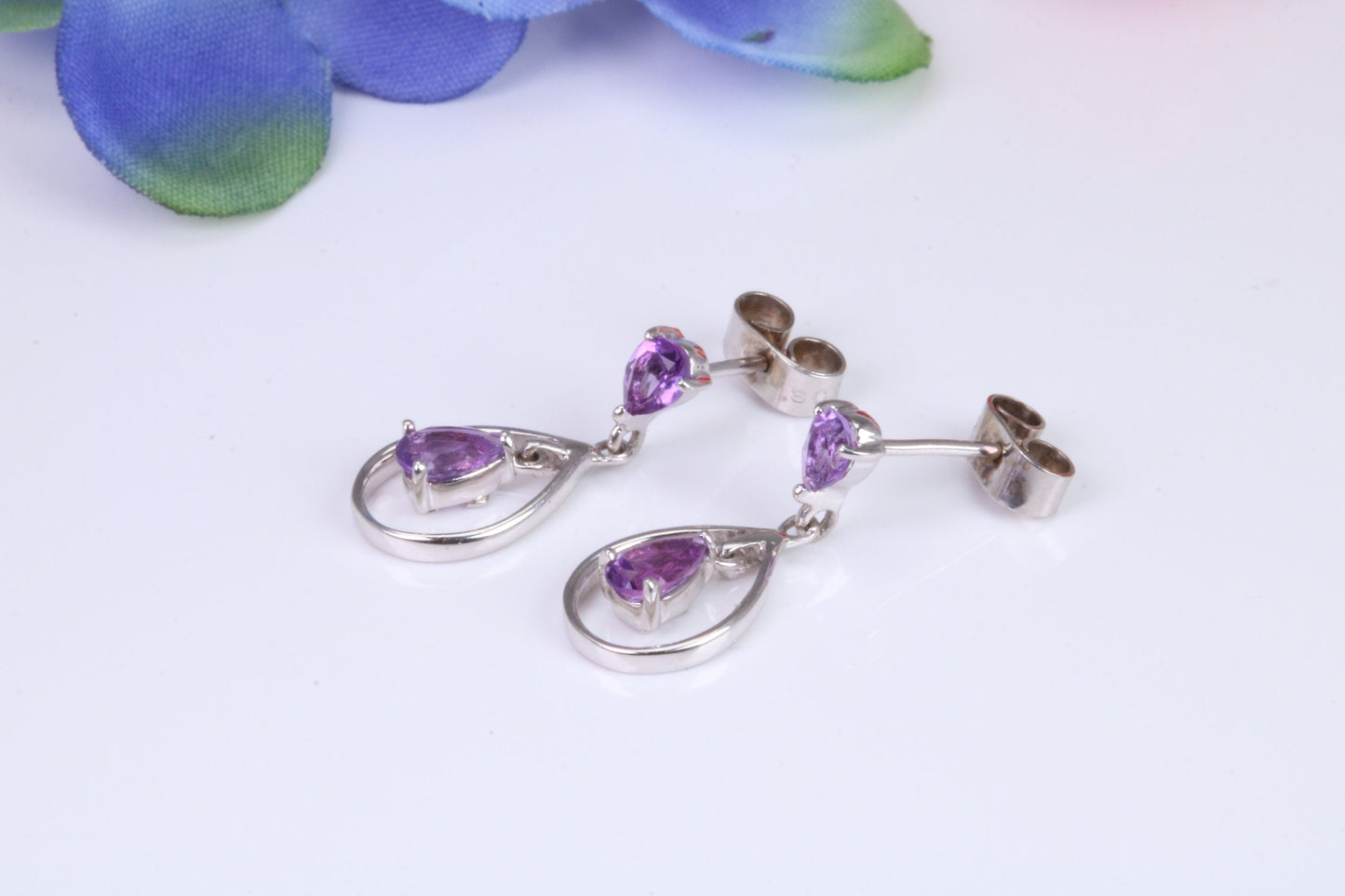 Amethyst set Dropper Earrings, Made from Solid White Gold