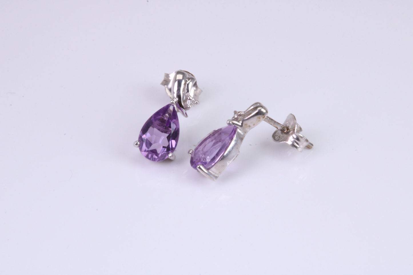 Amethyst and Diamond set Dropper Stud Earrings, Made from Solid White Gold