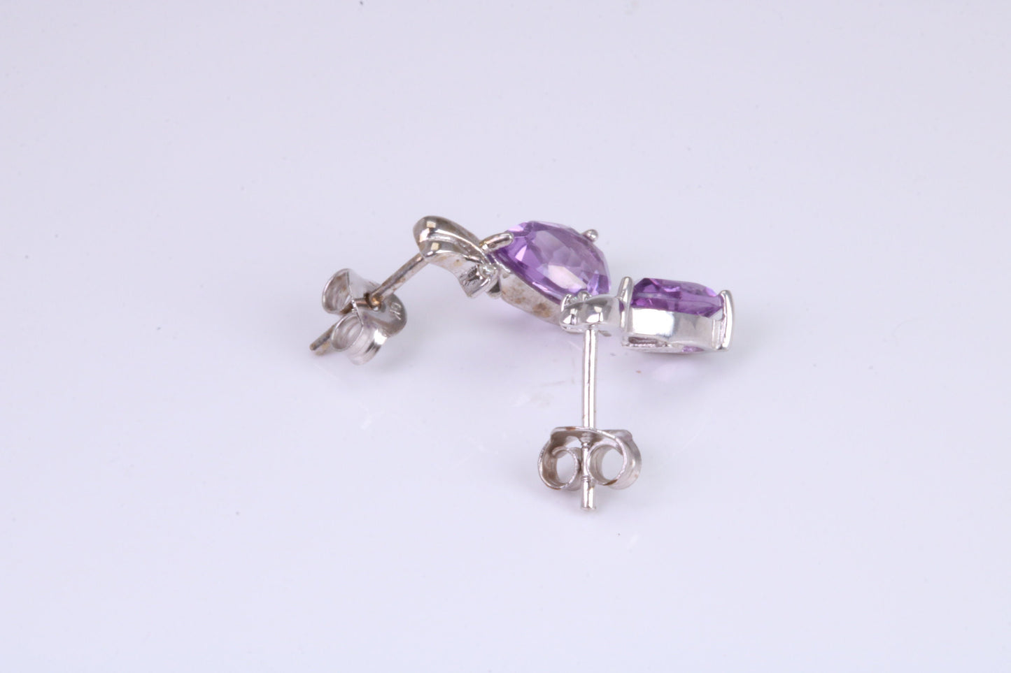 Amethyst and Diamond set Dropper Stud Earrings, Made from Solid White Gold