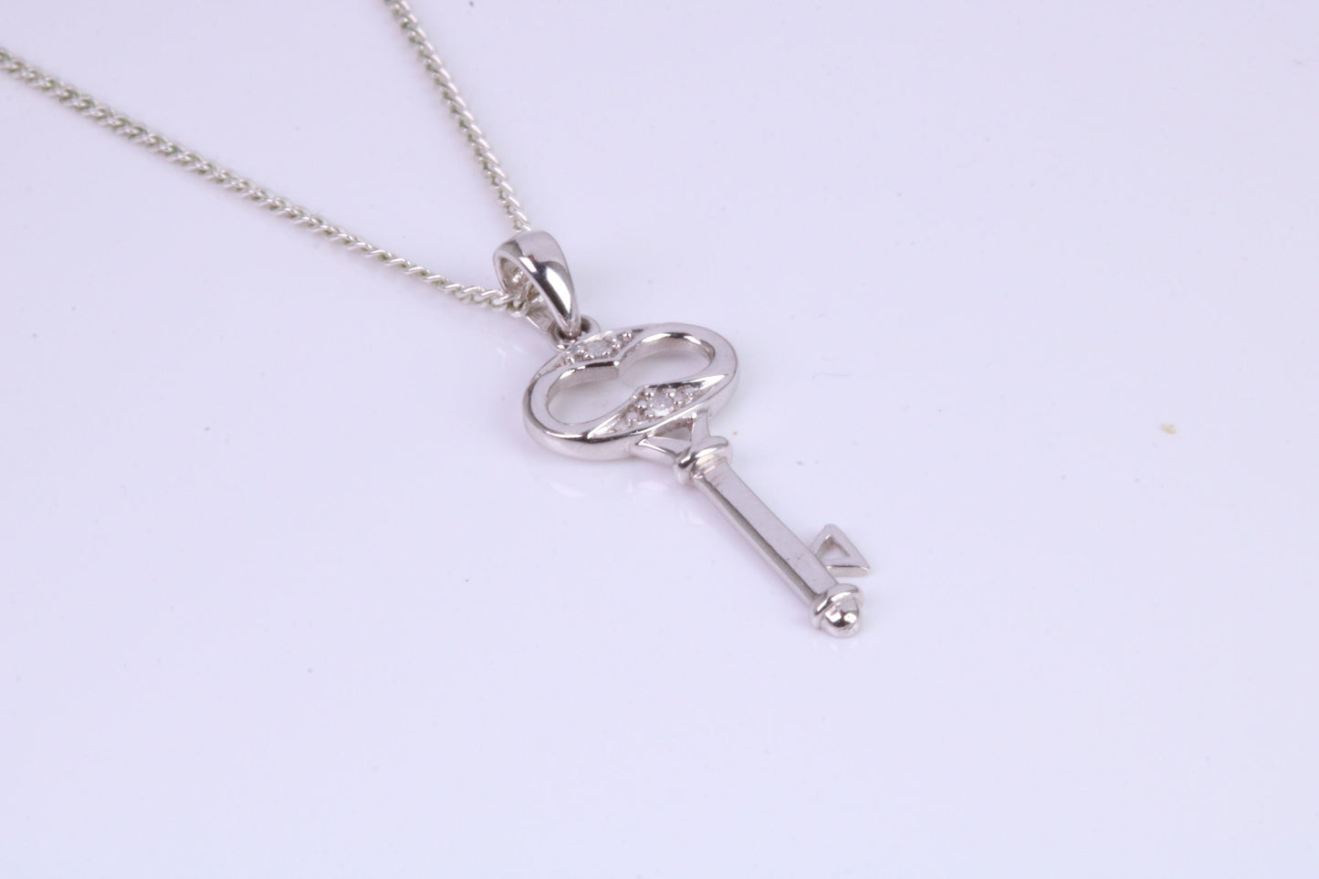 Natural Diamonds set Key Necklace, solid White Gold Pendant with 18 inch long Chain