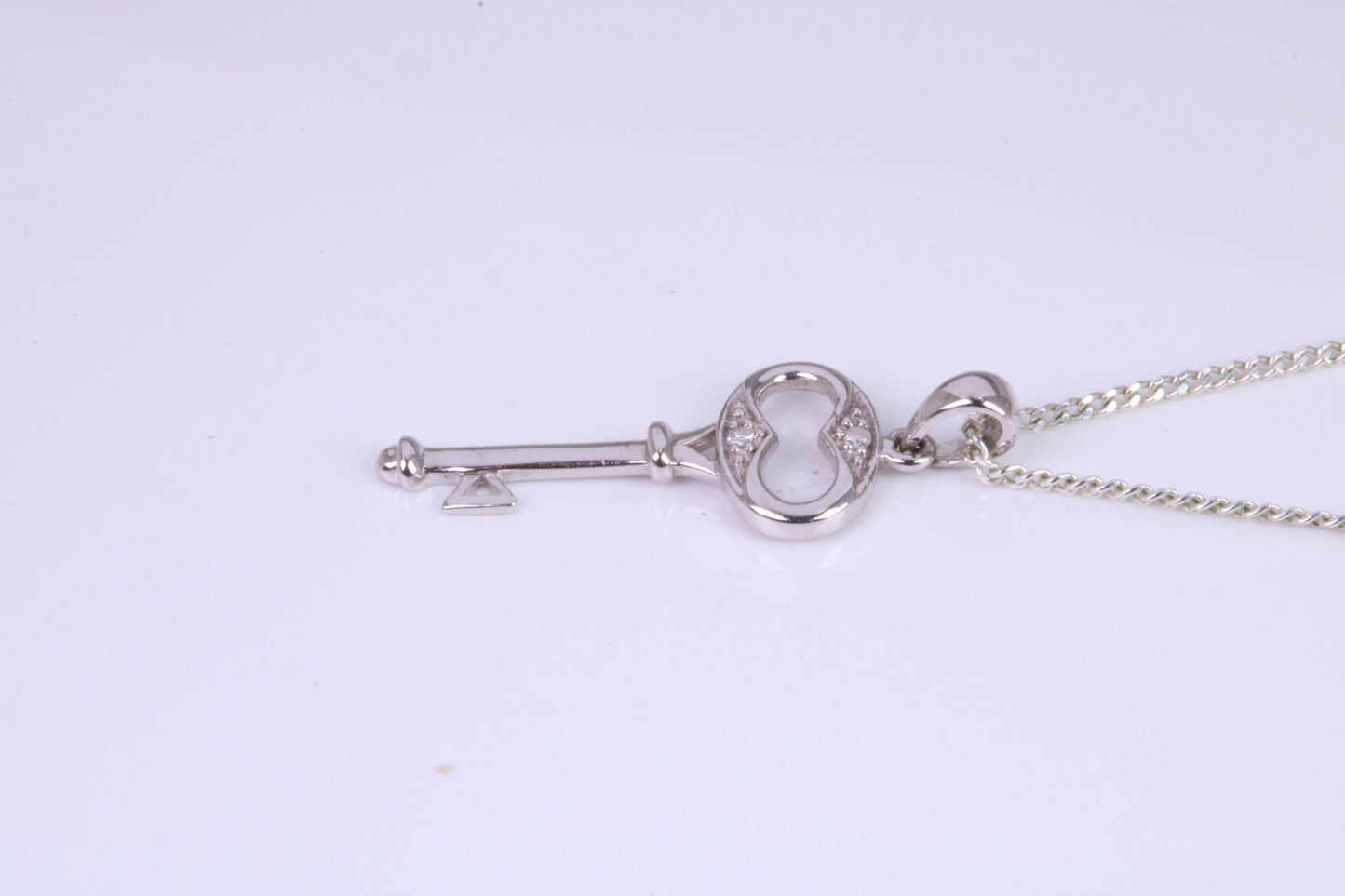 Natural Diamonds set Key Necklace, solid White Gold Pendant with 18 inch long Chain