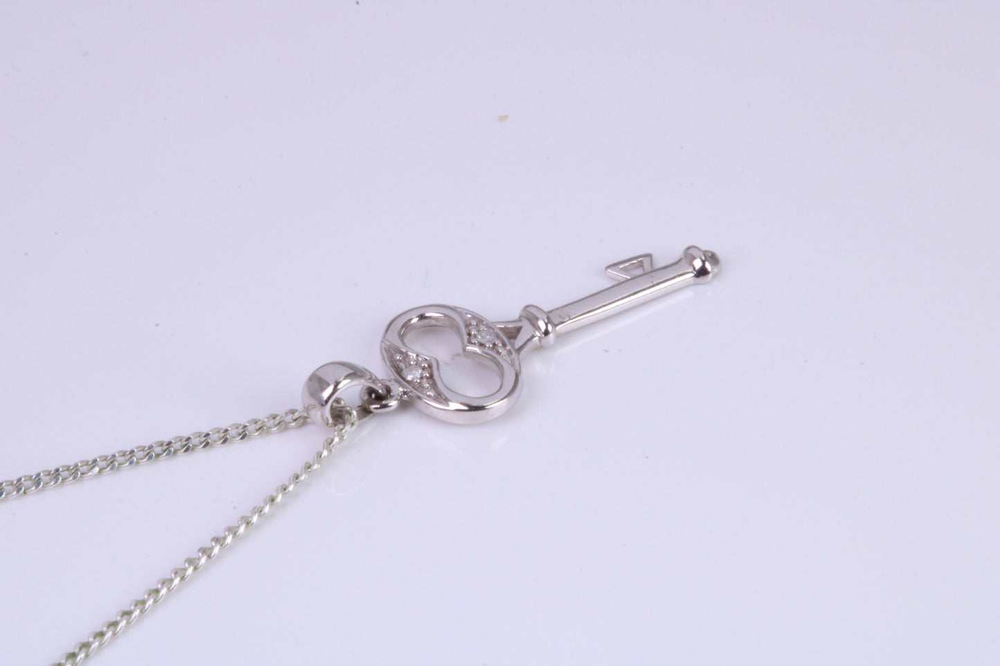 Natural Diamonds set Key Necklace, solid White Gold Pendant with 18 inch long Chain