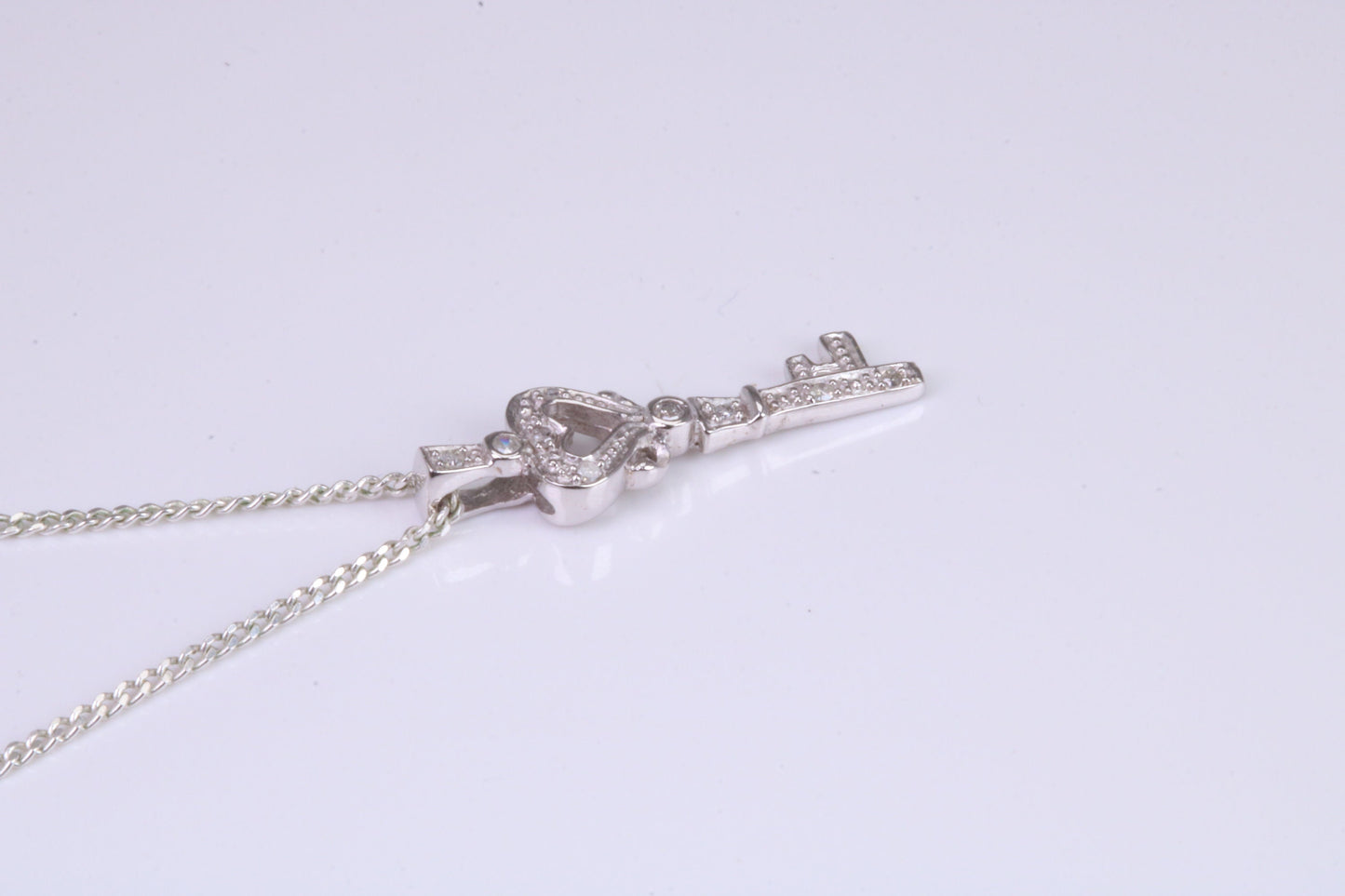 Natural Diamonds set Key Necklace, solid White Gold Pendant with 18 inch long Chain