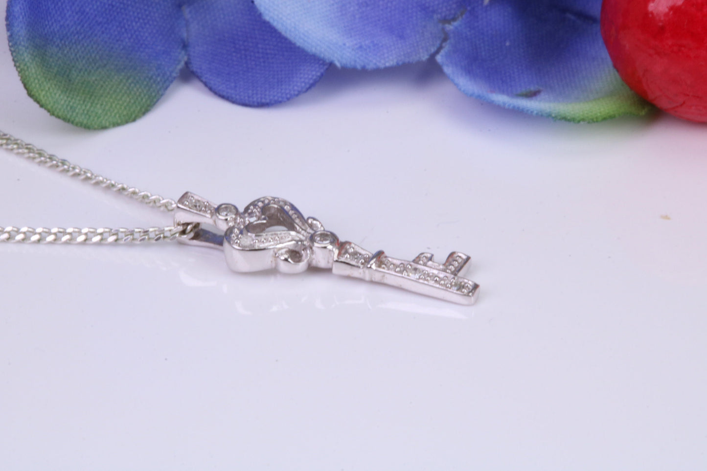 Natural Diamonds set Key Necklace, solid White Gold Pendant with 18 inch long Chain