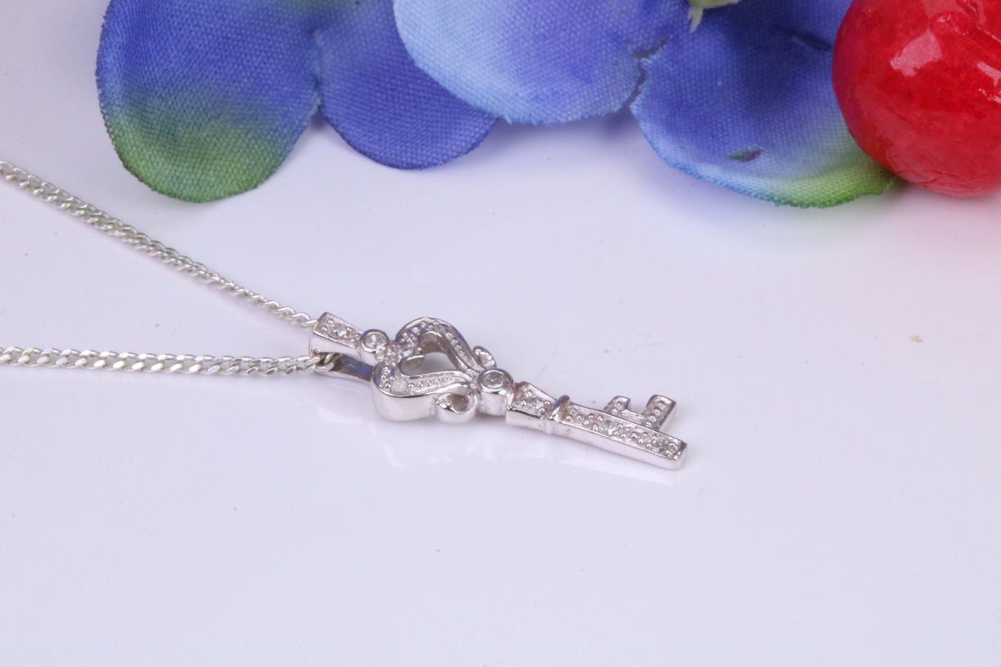 Natural Diamonds set Key Necklace, solid White Gold Pendant with 18 inch long Chain