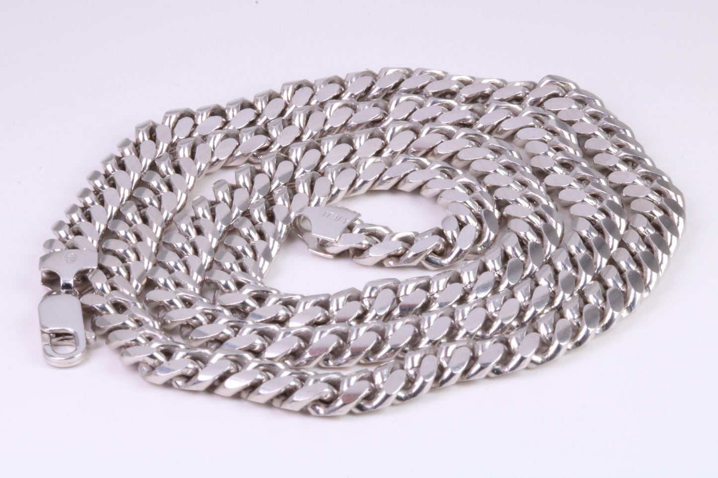 Gents heavy 26 inch Chain, Flat Diamond cut Curb Links, made from solid Sterling Silver, 26 Inches Long x 6 mm wide, British Hallmarked