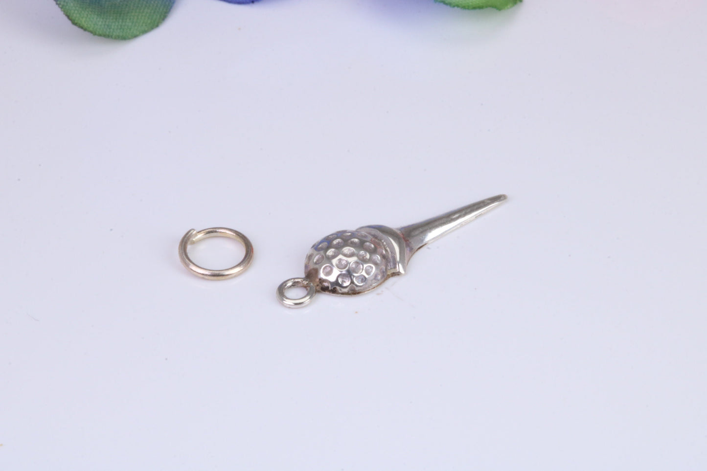 Golf Ball and Tee Charm, Traditional Charm, Made from Solid Cast 925 Grade Sterling Silver, Complete with Attachment Link