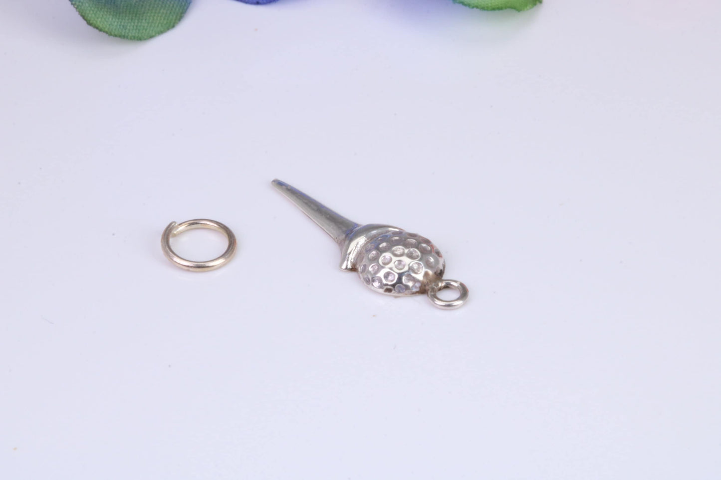 Golf Ball and Tee Charm, Traditional Charm, Made from Solid Cast 925 Grade Sterling Silver, Complete with Attachment Link