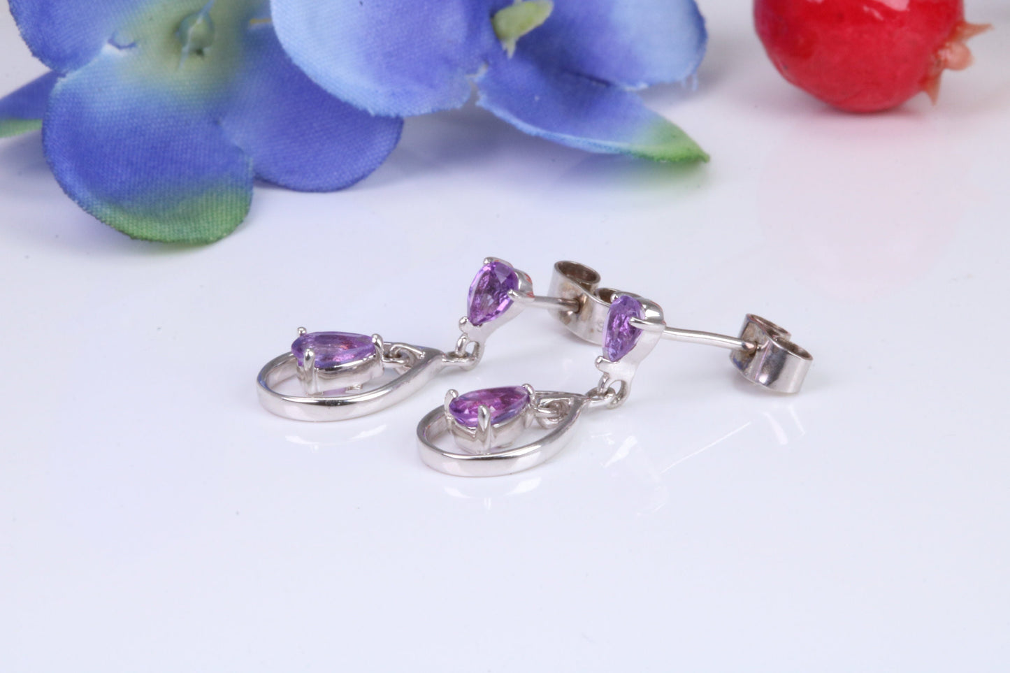 Amethyst set Dropper Earrings, Made from Solid White Gold