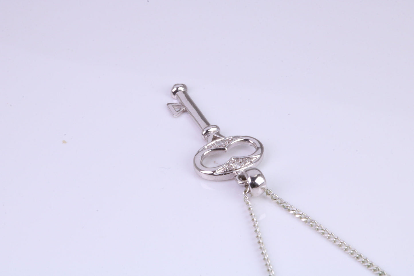 Natural Diamonds set Key Necklace, solid White Gold Pendant with 18 inch long Chain