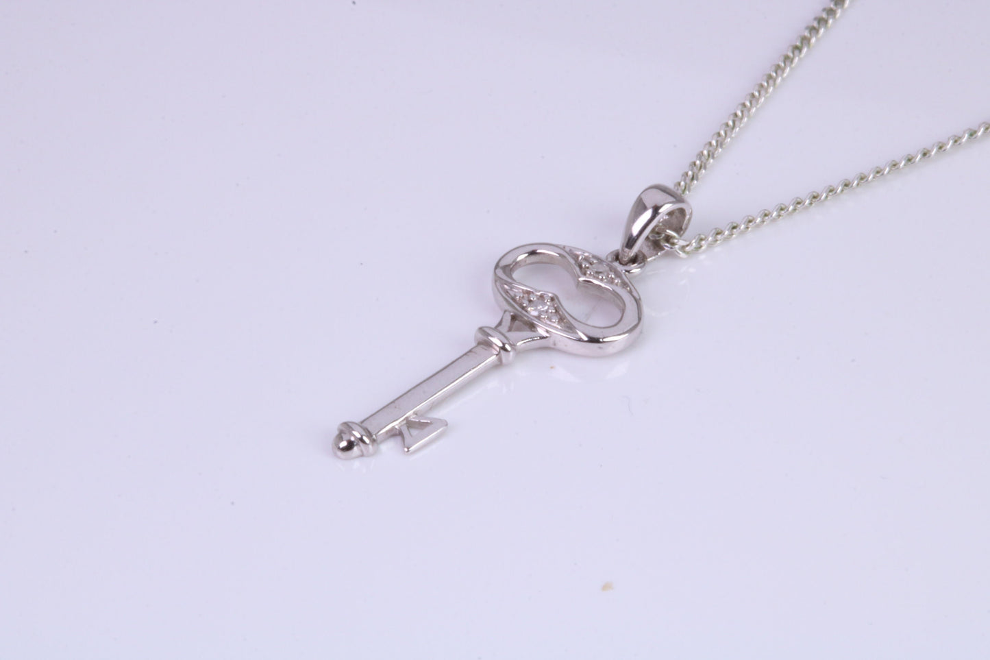 Natural Diamonds set Key Necklace, solid White Gold Pendant with 18 inch long Chain