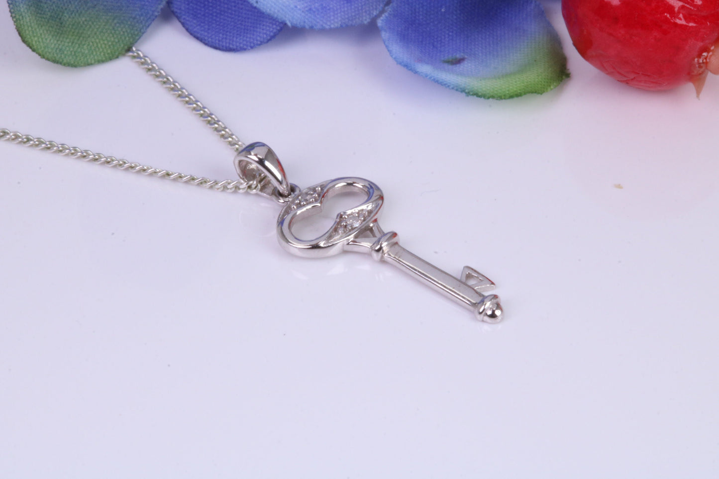Natural Diamonds set Key Necklace, solid White Gold Pendant with 18 inch long Chain