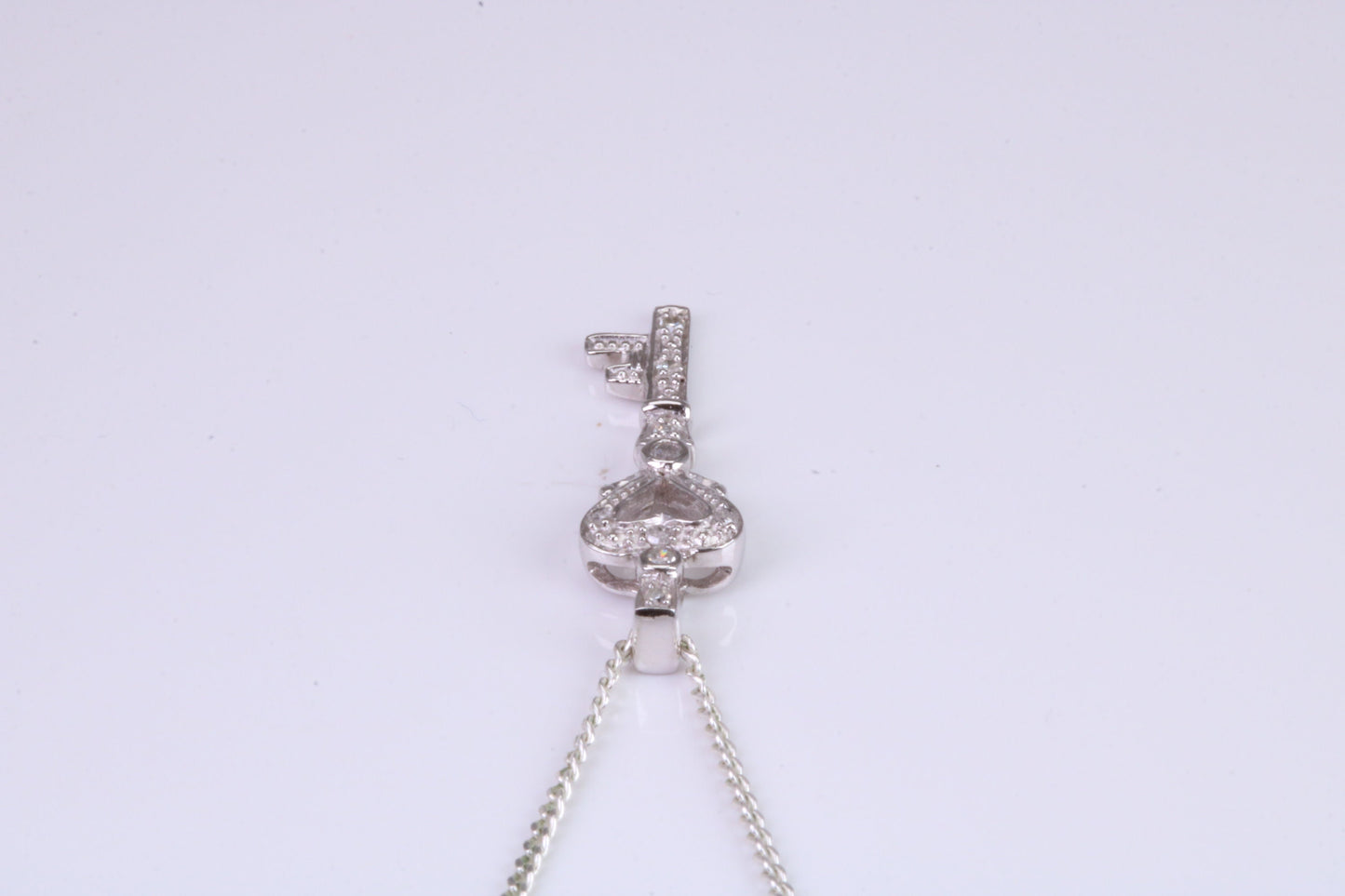 Natural Diamonds set Key Necklace, solid White Gold Pendant with 18 inch long Chain