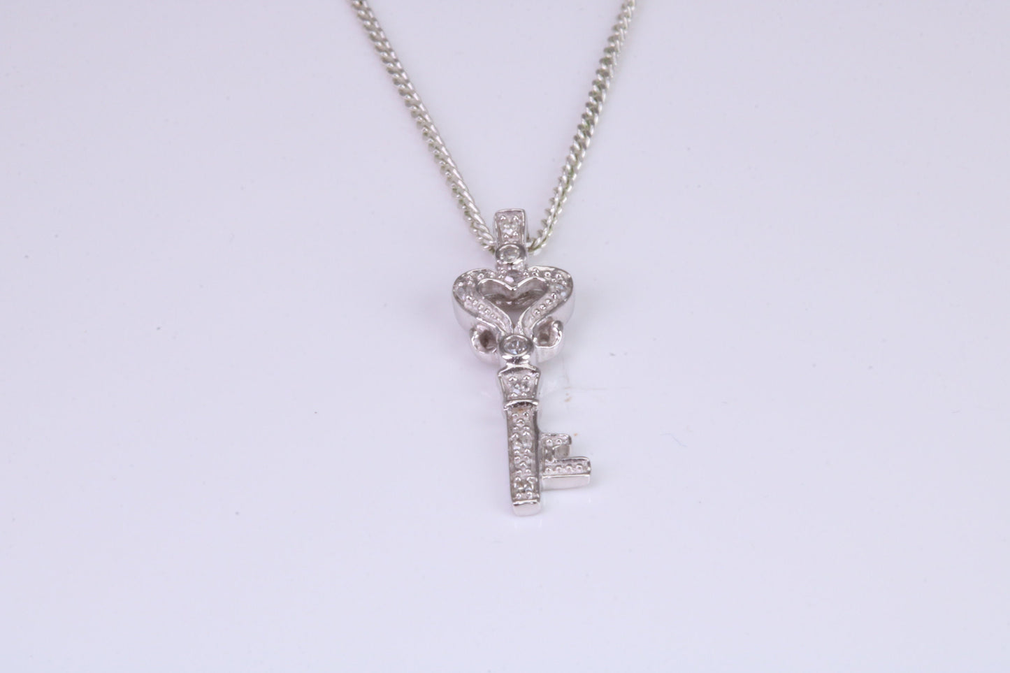 Natural Diamonds set Key Necklace, solid White Gold Pendant with 18 inch long Chain