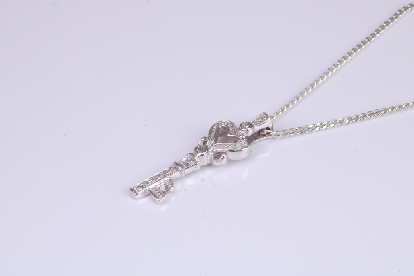 Natural Diamonds set Key Necklace, solid White Gold Pendant with 18 inch long Chain