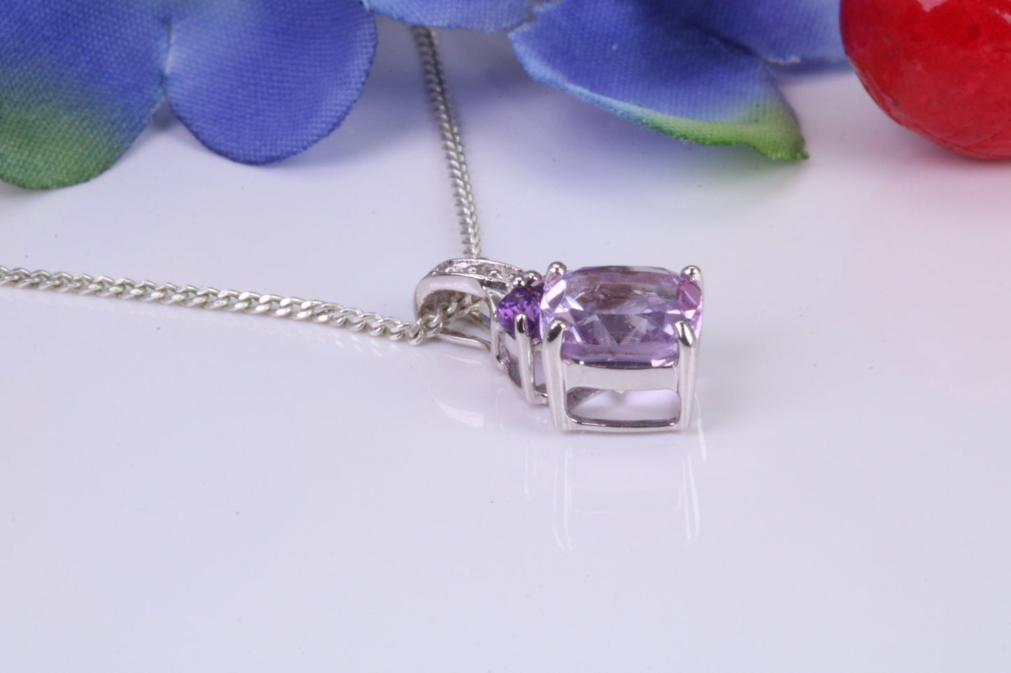 Natural Amethyst and Diamonds set Necklace, solid White Gold Pendant with 18 inch long Chain